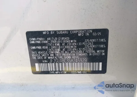 2025 Subaru Crosstrek из США, поврежденный, VIN JF2GUABC3SH245929